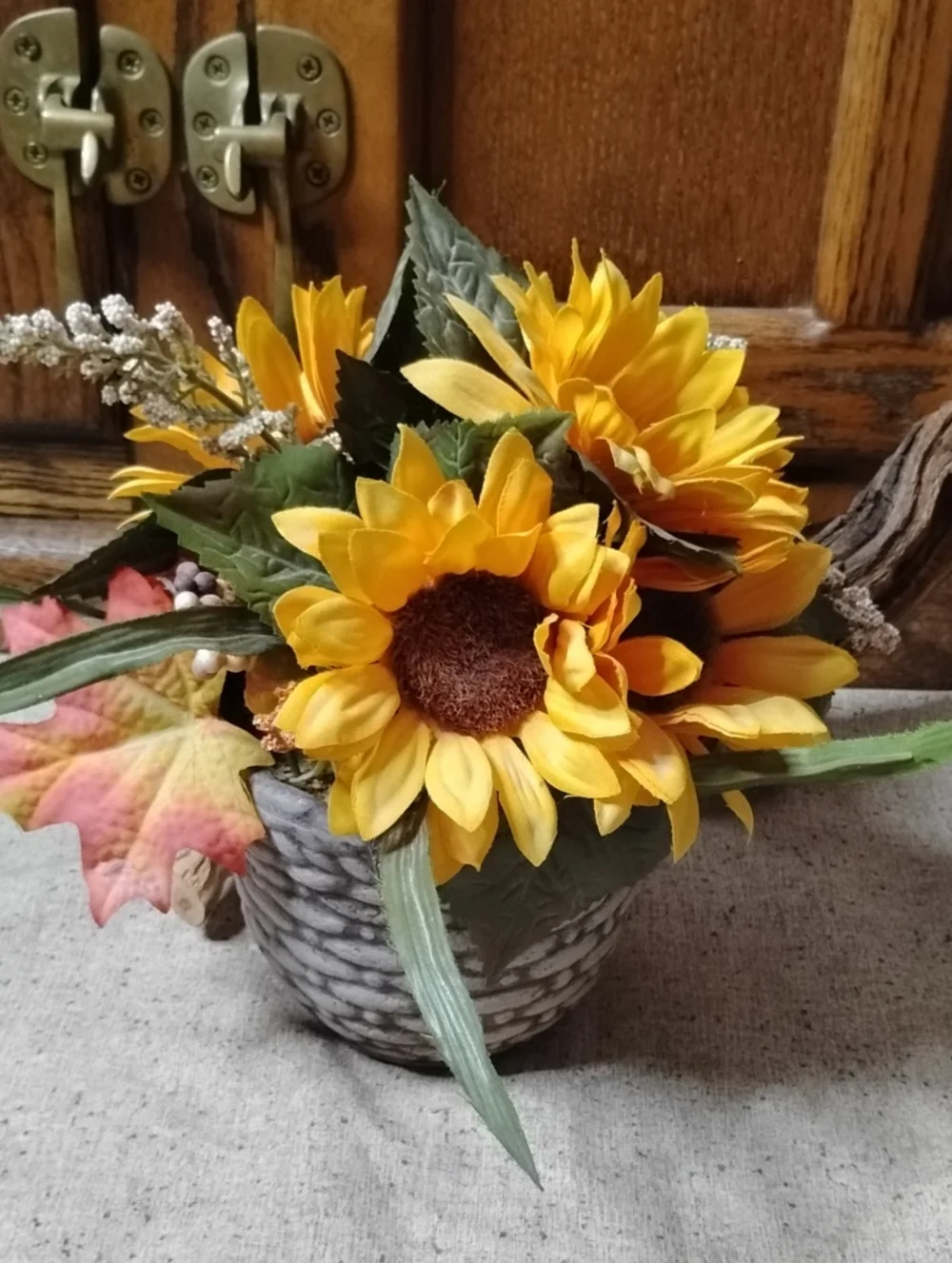 Sunflower Faux Floral Arrangement in Gray Woven Vase -
